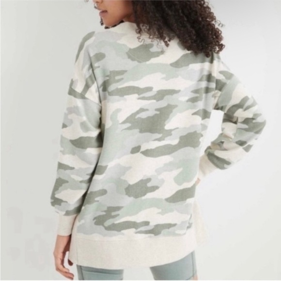 Aerie Camo Crewneck Pullover Sweatshirt Side Slits-Green/Cream-Women Size Small - Picture 8 of 8